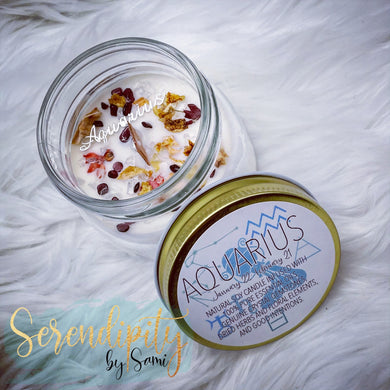 6oz natural soy wax candle with a double wood wick. I created a special blend of essential oils that are associated with each particular zodiac sign. Each are also infused with floral elements, herbs, and genuine crystal gemstones, each candle containing those specific to their sign.